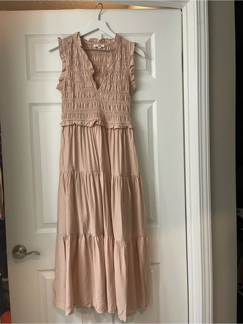 Blu Pepper Blush Smocked V-Neck Tiered Maxi Dress